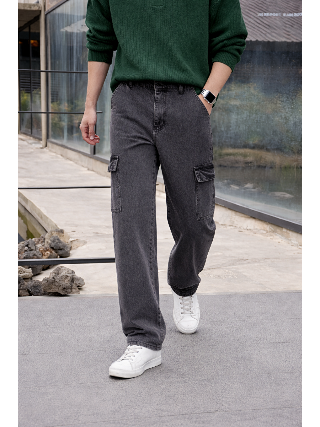 Erkek Yüksek Bel Premium Antrasit Kargo Baggy Pantolon-2