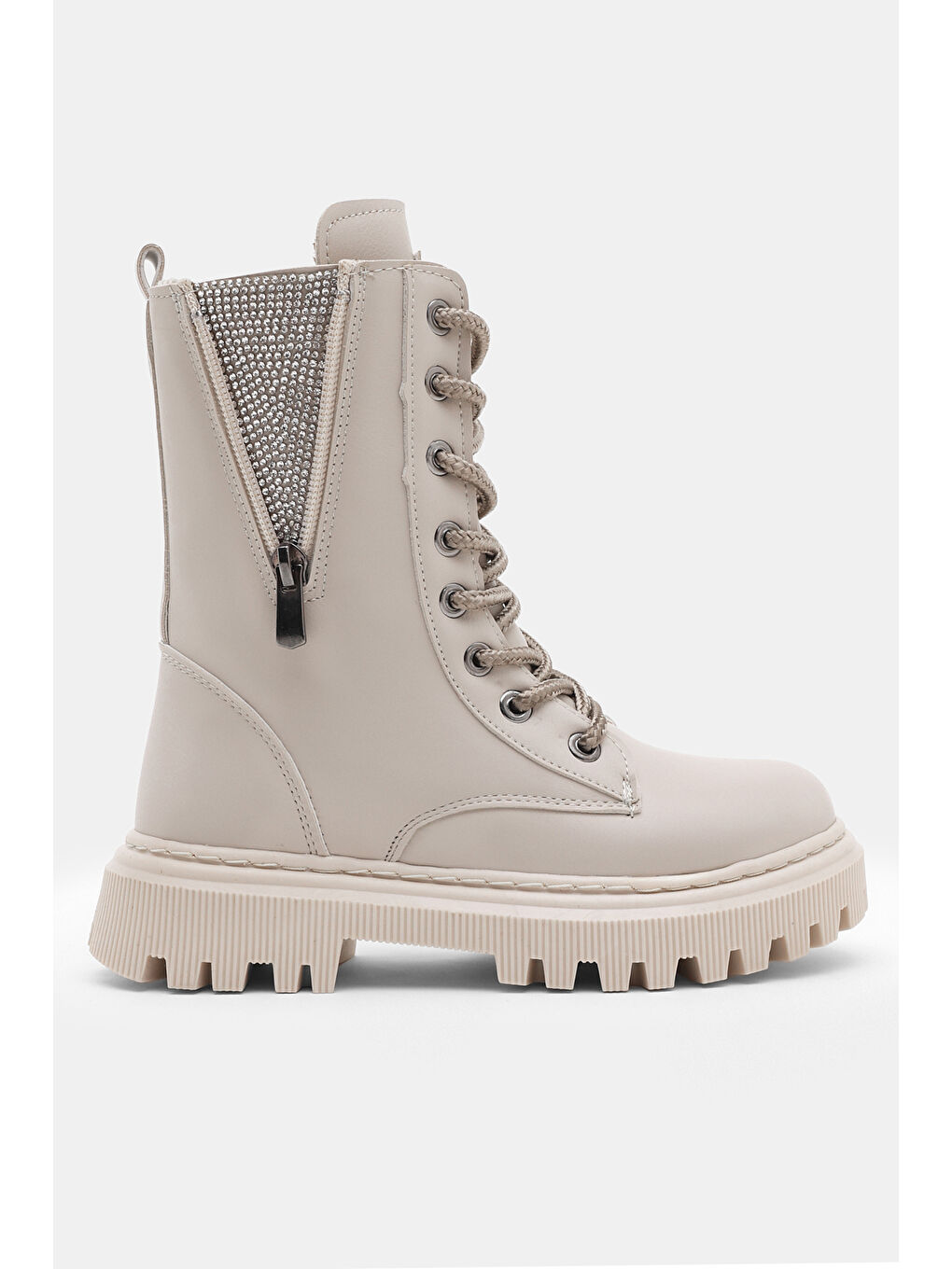 Kız Çocuk Bej Cilt Termo Taban Yanı Fermuarlı Taş Detaylı Bağcıklı ve Fermuarlı Bot-1