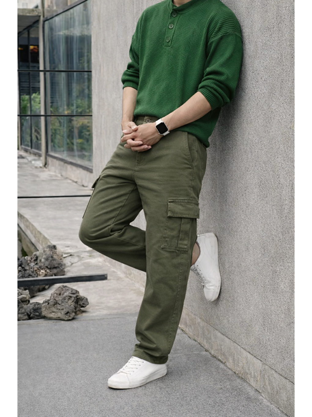 Erkek Yüksek Bel Premium Haki Kargo Baggy Pantolon-5