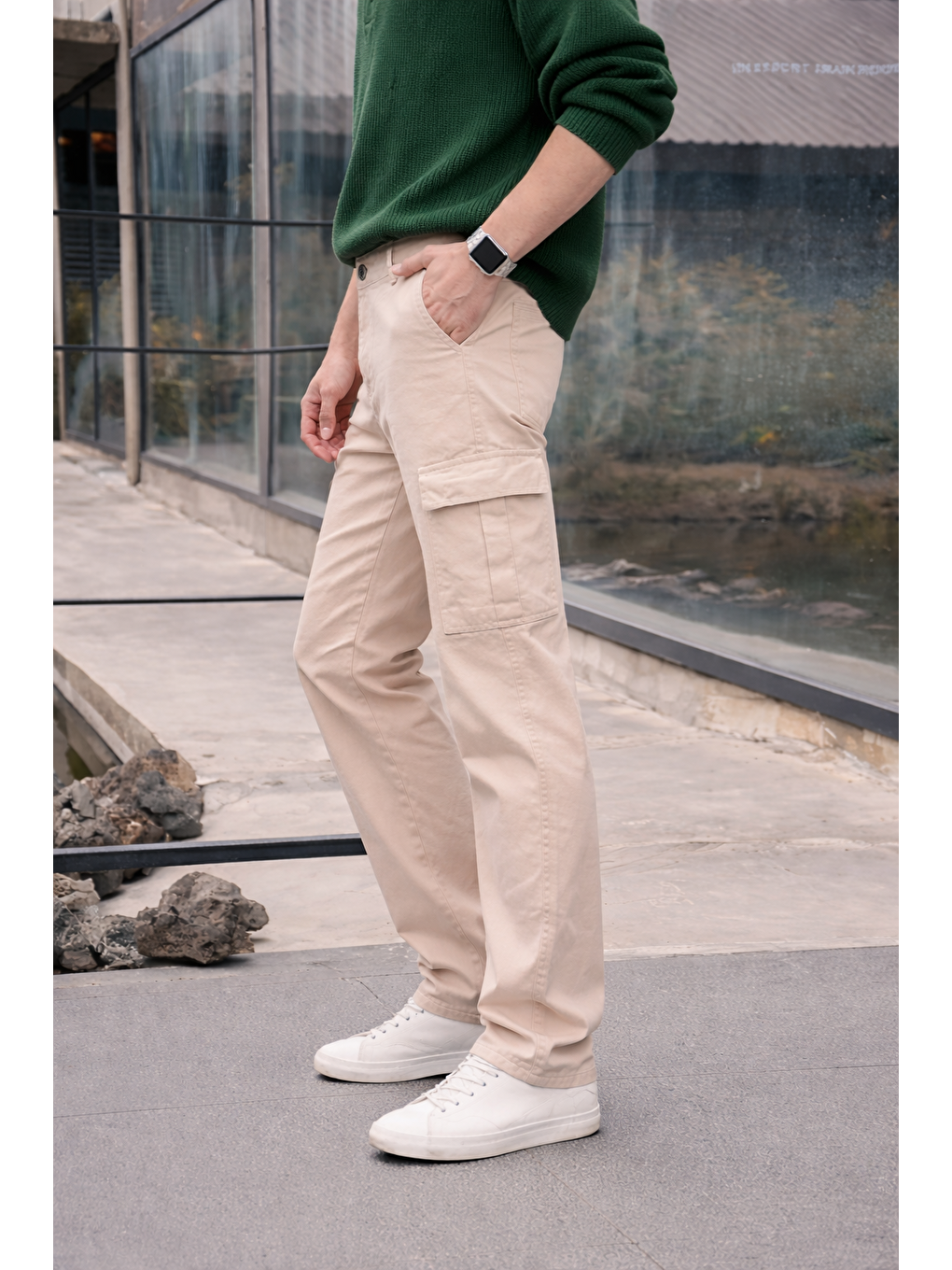 Erkek Yüksek Bel Premium Bej Kargo Baggy Pantolon-4