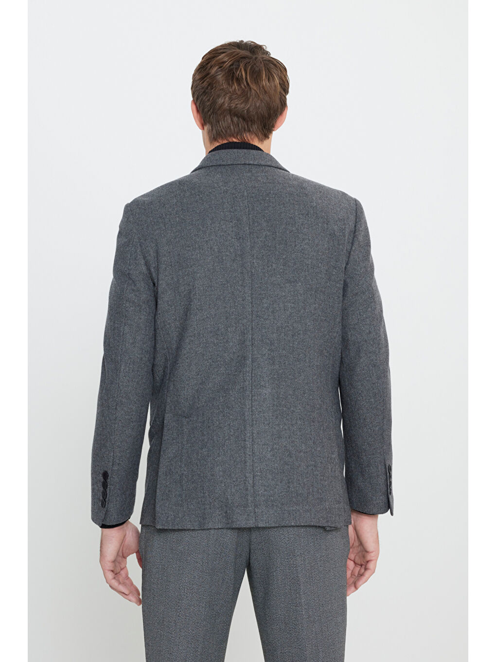 Erkek Gri Comfort Fit Rahat Kesim Mono Yaka Balıksırtı Desenli Yünlü Ceket-4