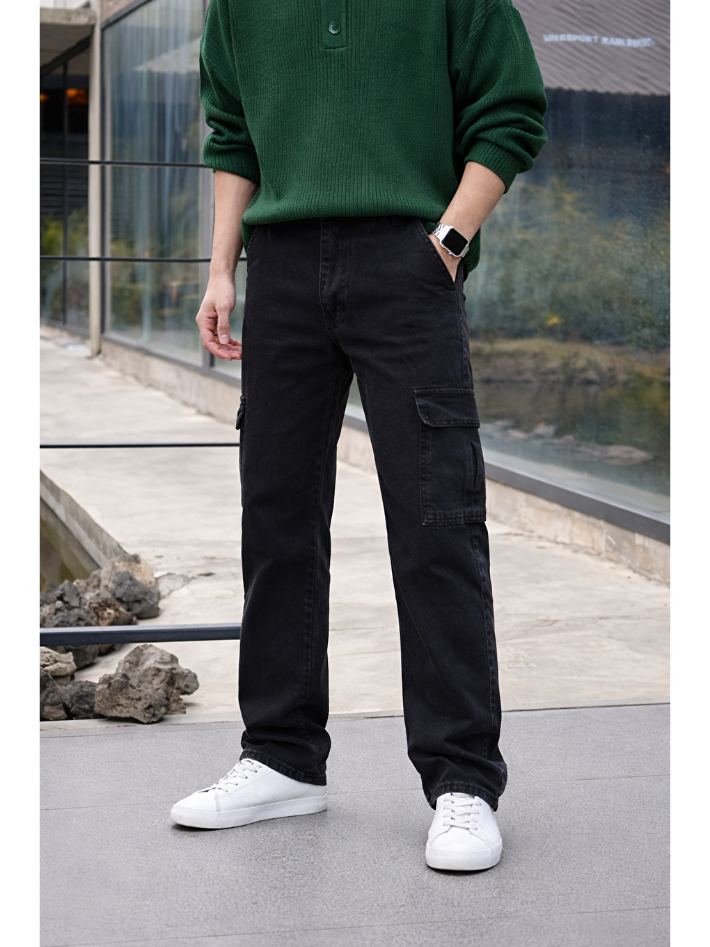 Gri Erkek Yüksek Bel Premium Füme Kargo Baggy Pantolon