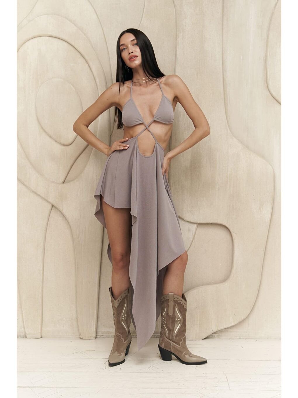 Coachella Gri Crop Elbise Takım-4