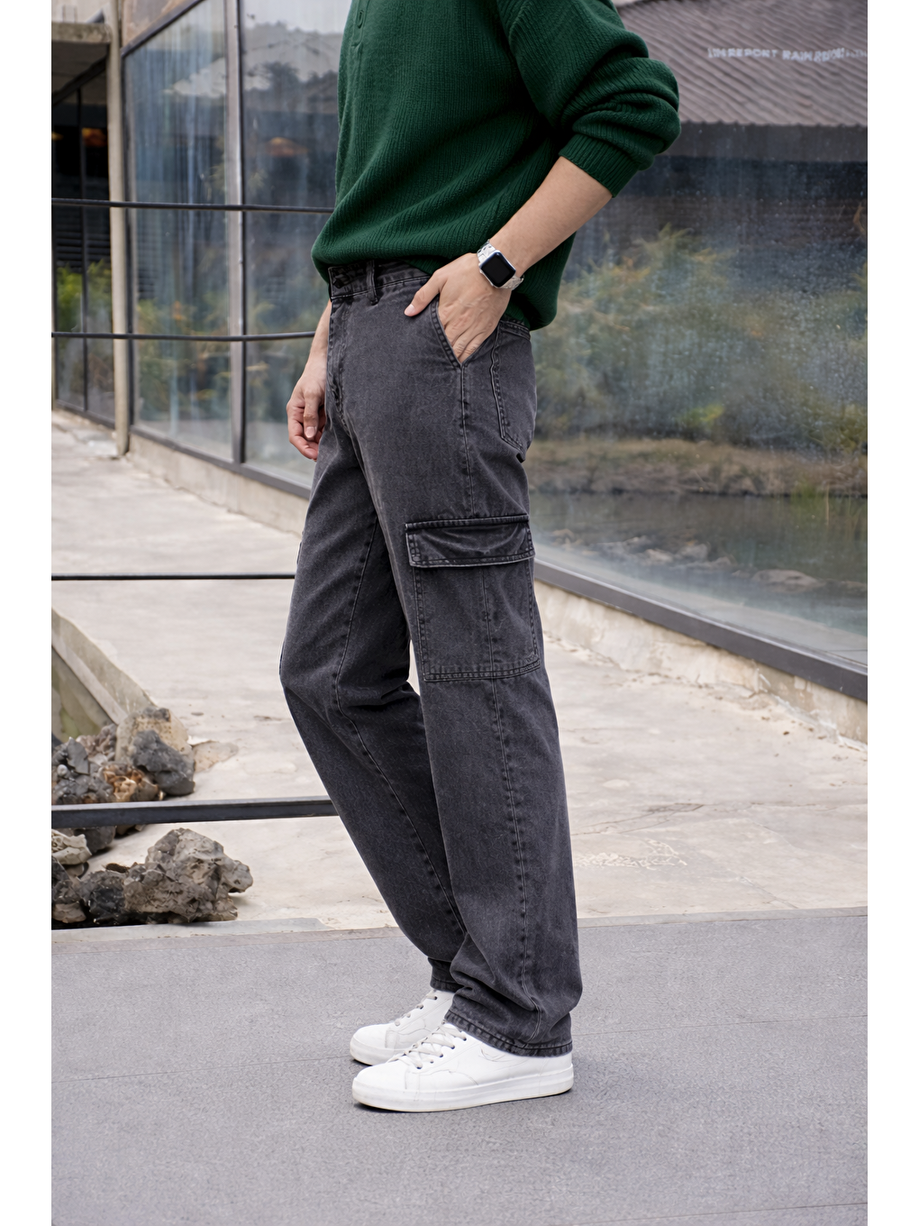 Erkek Yüksek Bel Premium Antrasit Kargo Baggy Pantolon-4