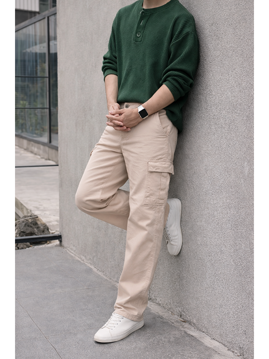 Erkek Yüksek Bel Premium Bej Kargo Baggy Pantolon-5