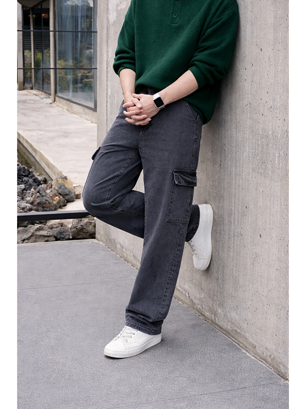 Erkek Yüksek Bel Premium Antrasit Kargo Baggy Pantolon-5