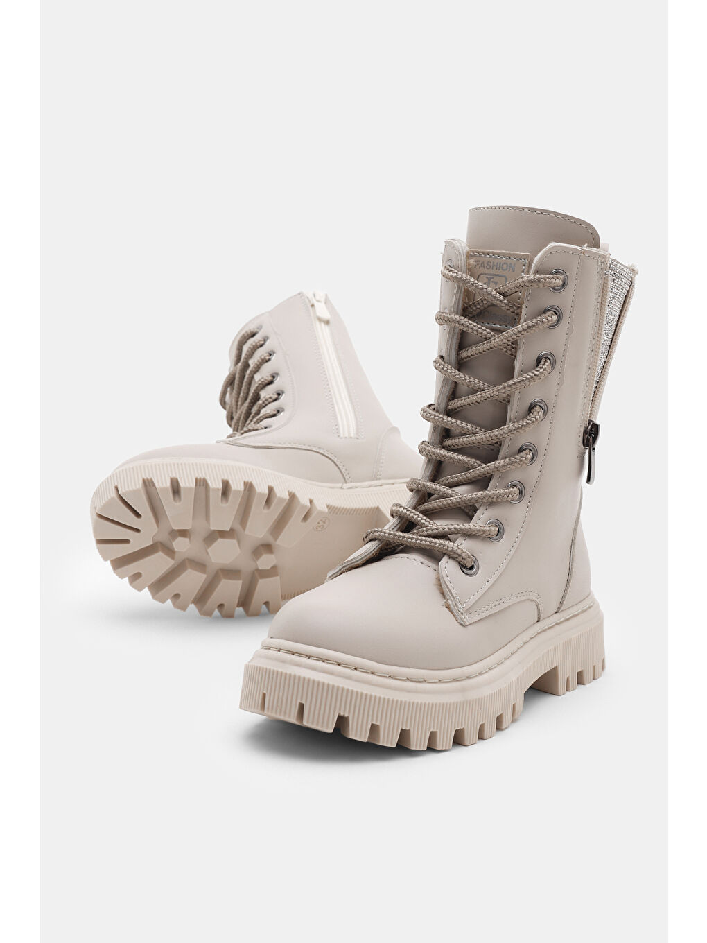 Kız Çocuk Bej Cilt Termo Taban Yanı Fermuarlı Taş Detaylı Bağcıklı ve Fermuarlı Bot-3