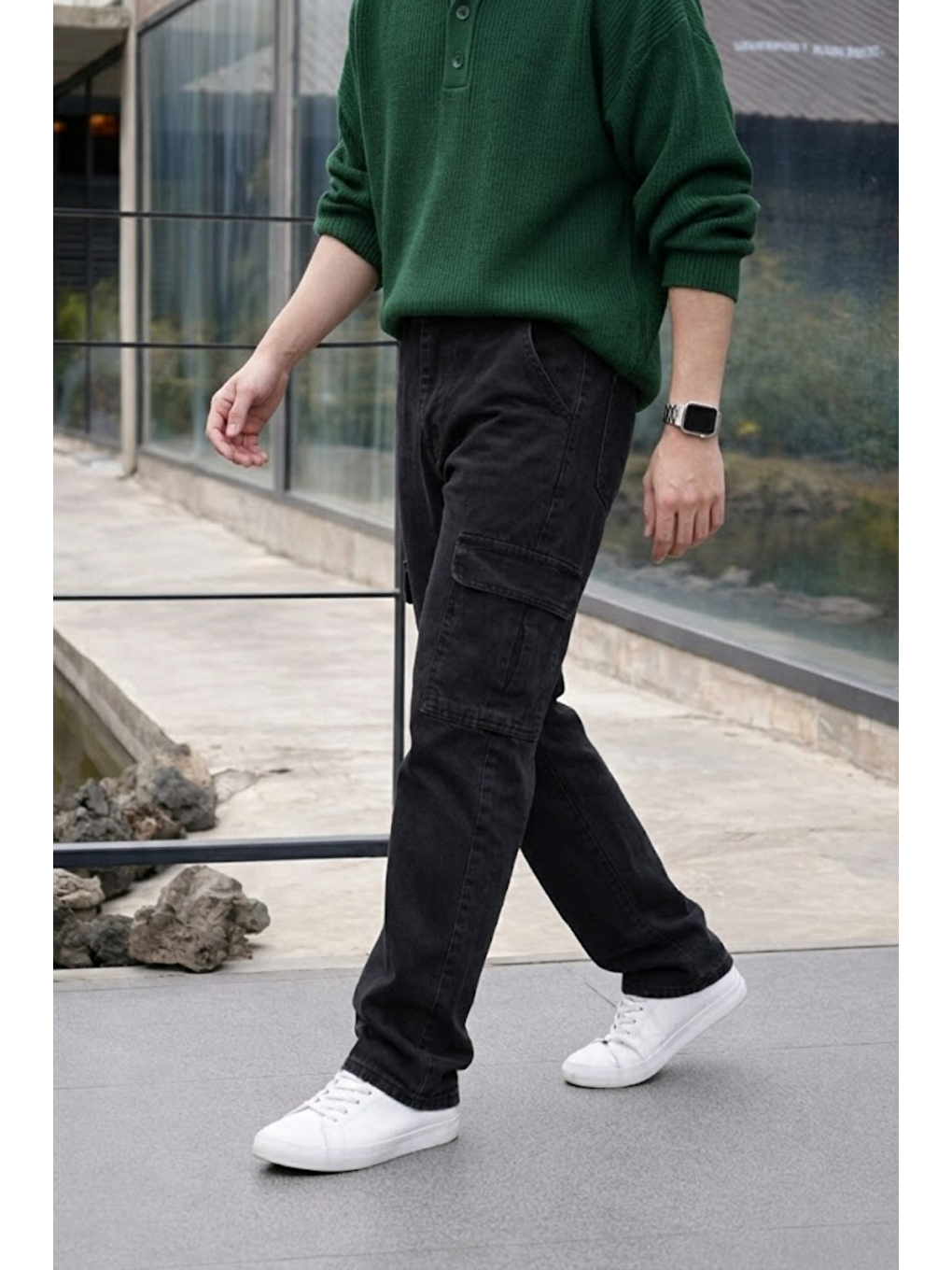 Gri Erkek Yüksek Bel Premium Füme Kargo Baggy Pantolon-2