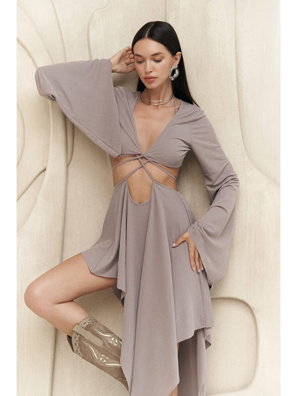 Coachella Gri Crop Elbise Takım-6