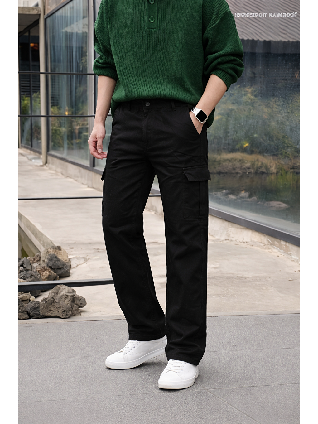 Erkek Yüksek Bel Premium Siyah Kargo Baggy Pantolon