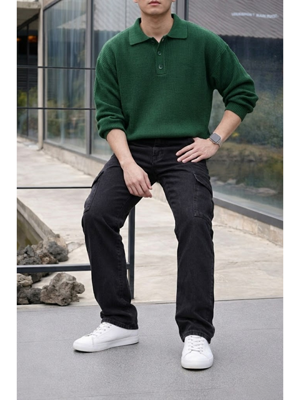 Gri Erkek Yüksek Bel Premium Füme Kargo Baggy Pantolon-3