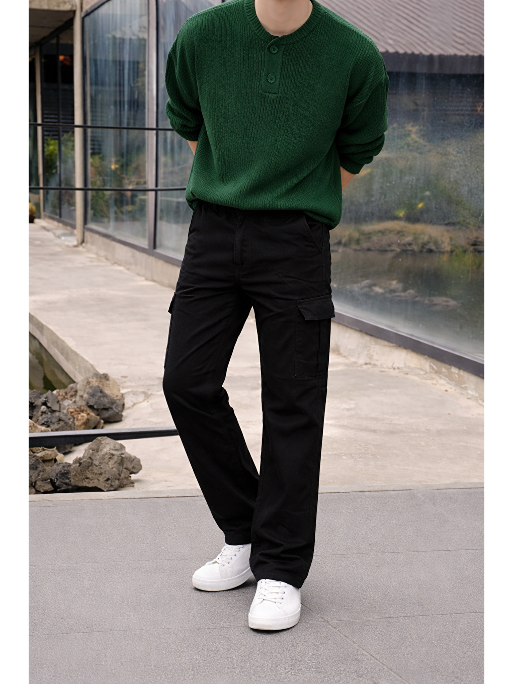 Erkek Yüksek Bel Premium Siyah Kargo Baggy Pantolon-1