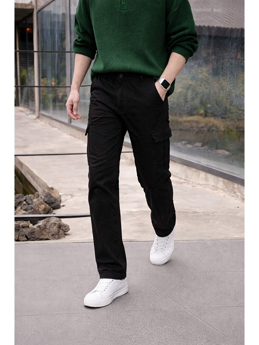 Erkek Yüksek Bel Premium Siyah Kargo Baggy Pantolon-2