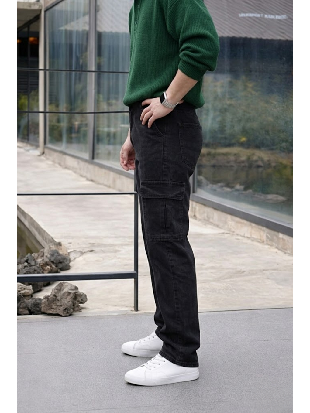 Gri Erkek Yüksek Bel Premium Füme Kargo Baggy Pantolon-4