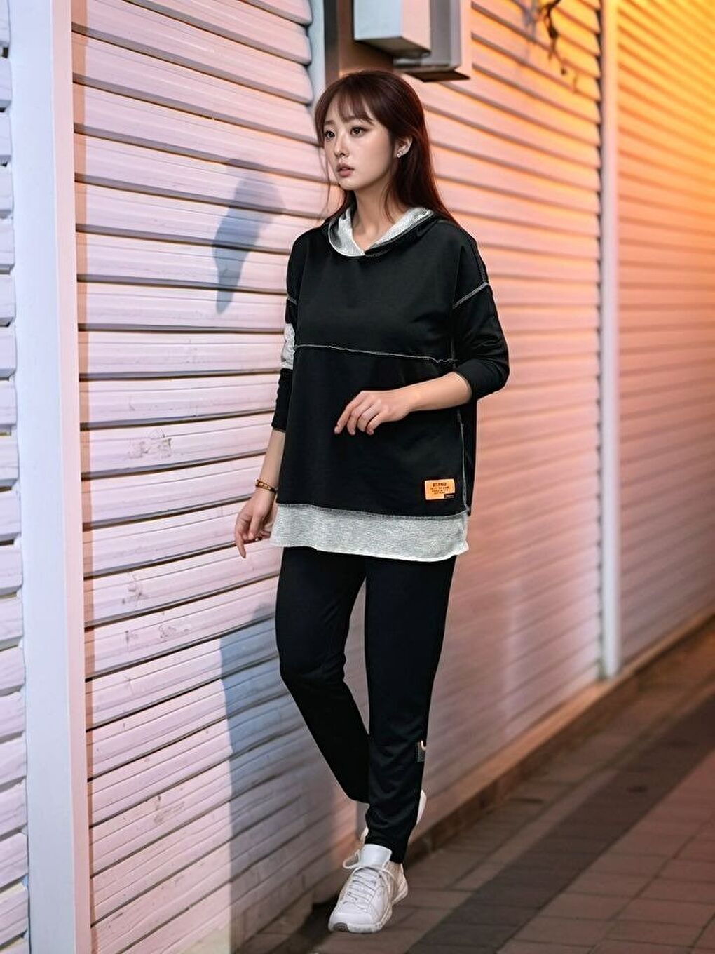 Kadın Siyah Kapüşonlu Etek Ucu Detay Arma Ters Dikiş Gorunumlu Ikili Takım-2