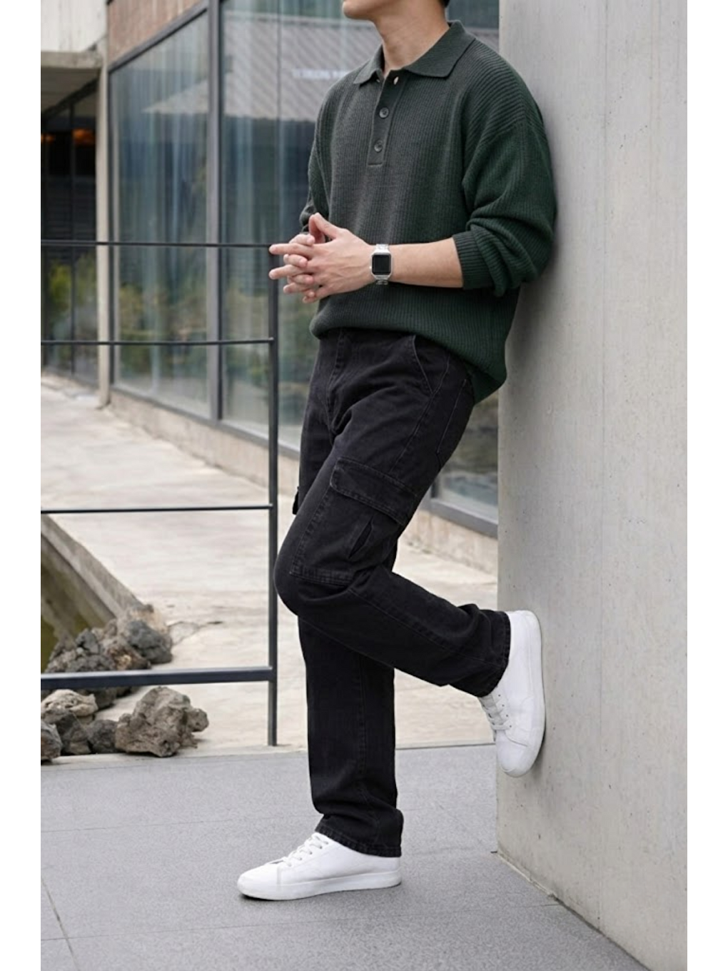 Gri Erkek Yüksek Bel Premium Füme Kargo Baggy Pantolon-5