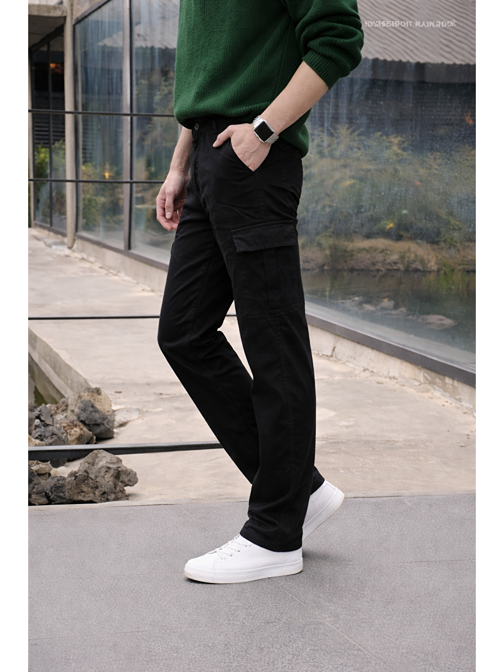 Erkek Yüksek Bel Premium Siyah Kargo Baggy Pantolon-4