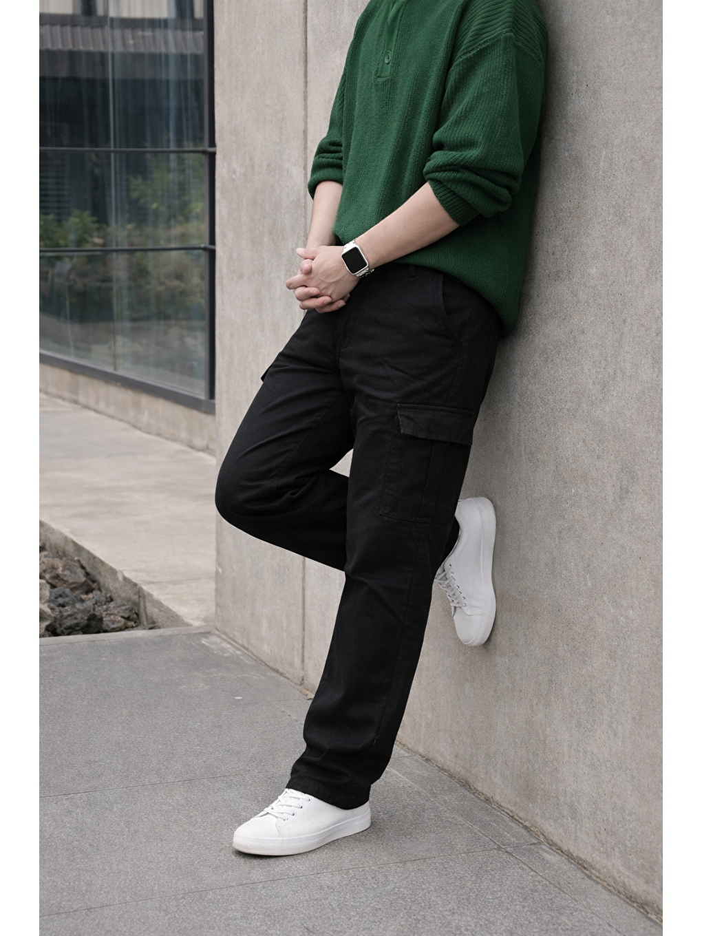 Erkek Yüksek Bel Premium Siyah Kargo Baggy Pantolon-5