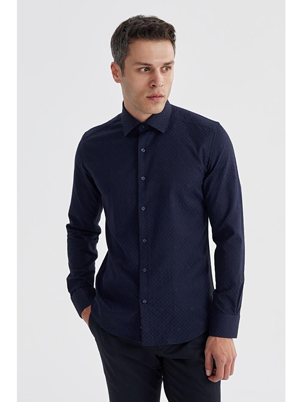 Lacivert Slim Fit Desenli Klasik Kravatlık Pamuklu Gömlek