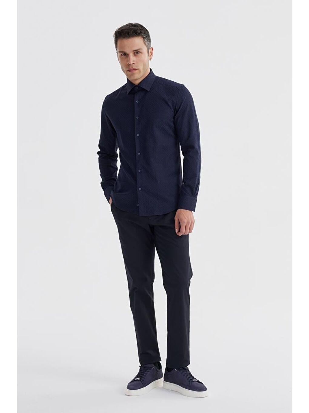 Lacivert Slim Fit Desenli Klasik Kravatlık Pamuklu Gömlek-1