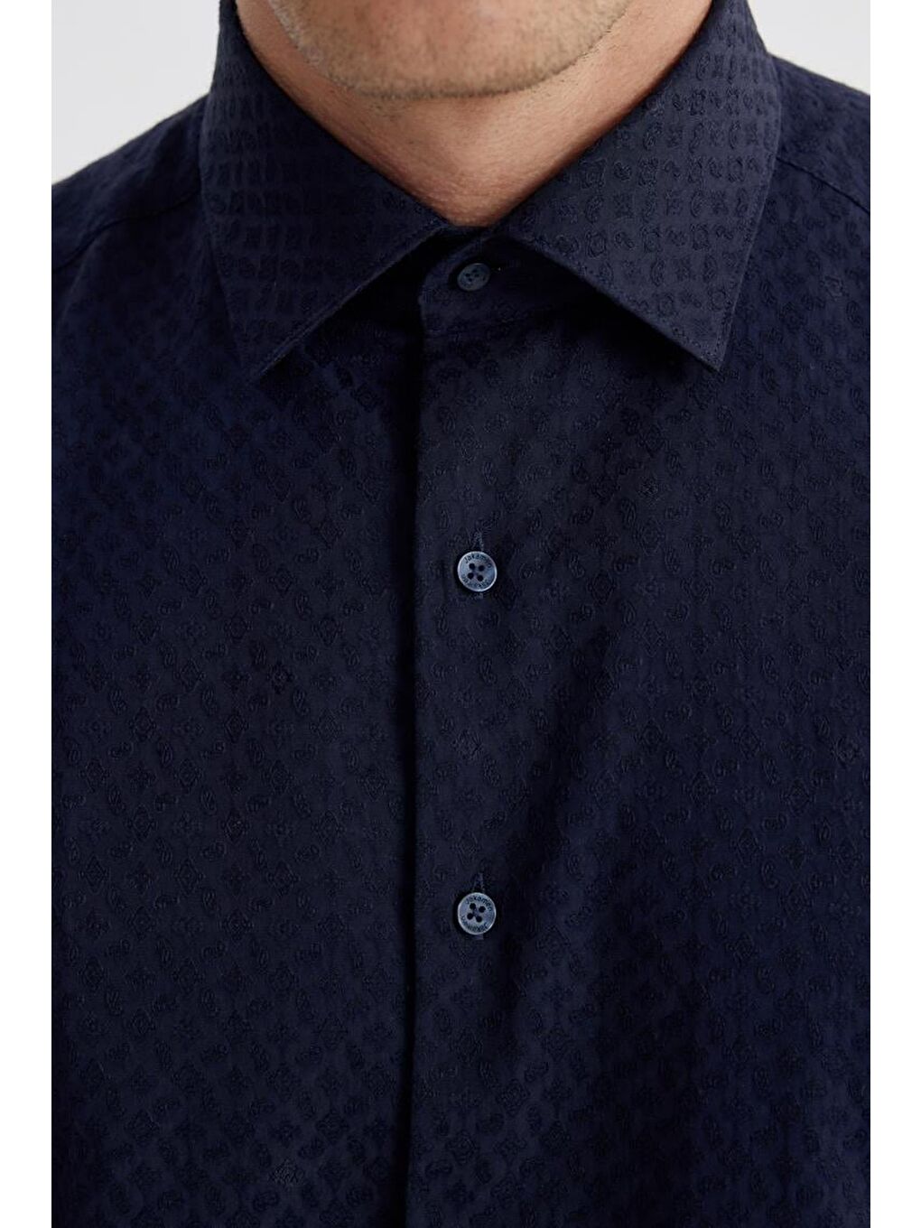 Lacivert Slim Fit Desenli Klasik Kravatlık Pamuklu Gömlek-2