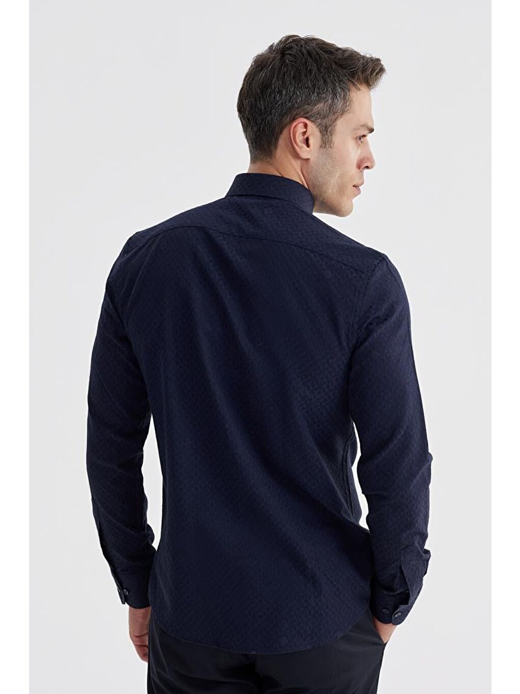 Lacivert Slim Fit Desenli Klasik Kravatlık Pamuklu Gömlek-3