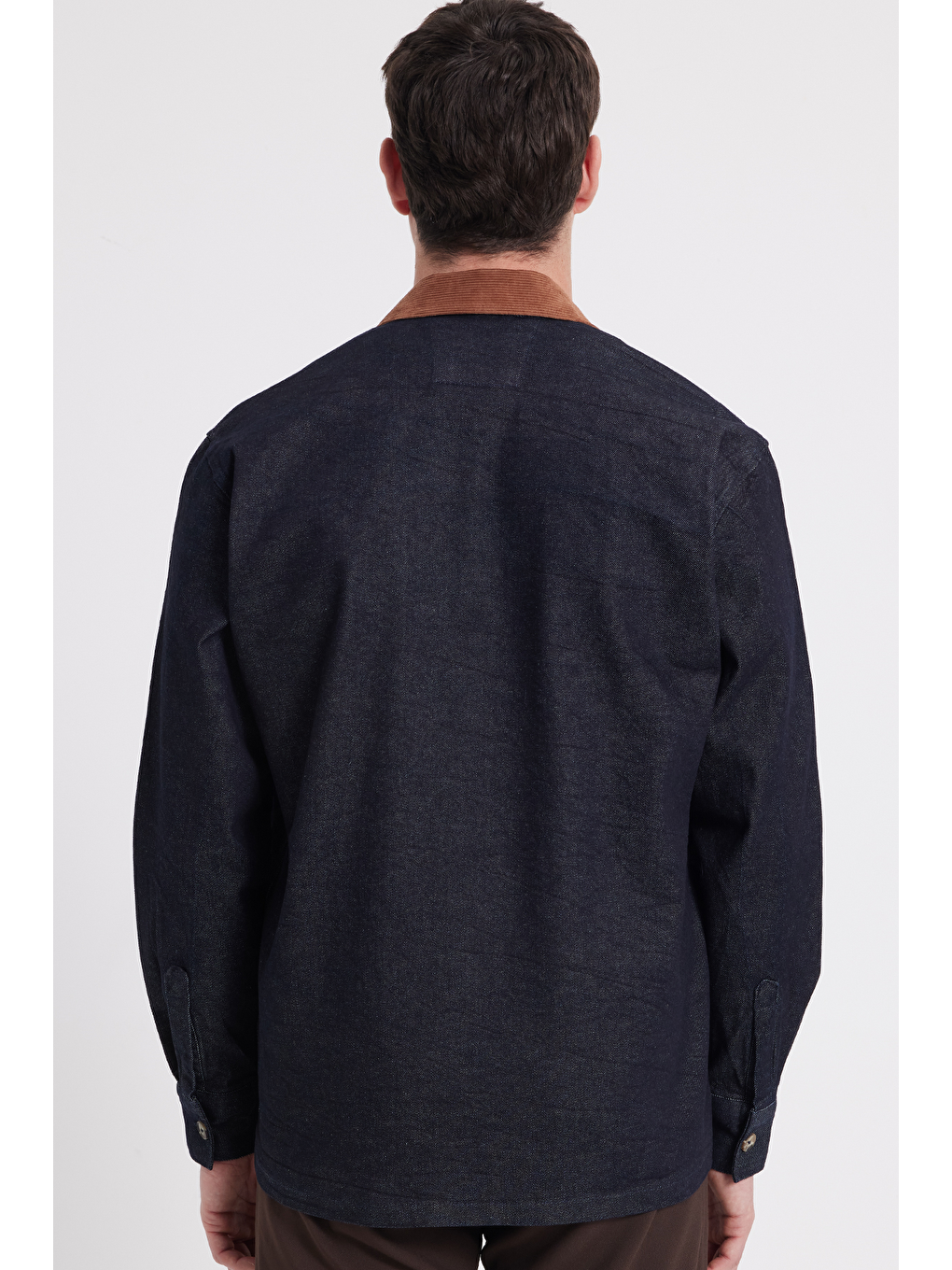 Erkek Regular Fit Rahat Kesim Kadife Yaka Fermuarlı Denim Lacivert Ceket-5