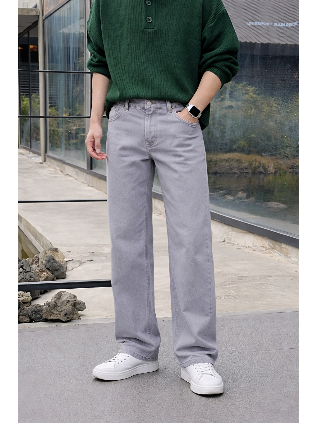 Erkek %100 Pamuk Gri Bol Paça Baggy Pantolon