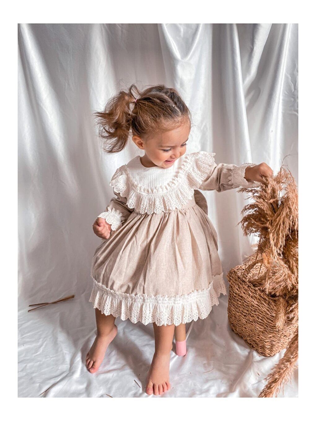 Karışık Kız Çocuk Bej Fistolu Vintage Elbise-1