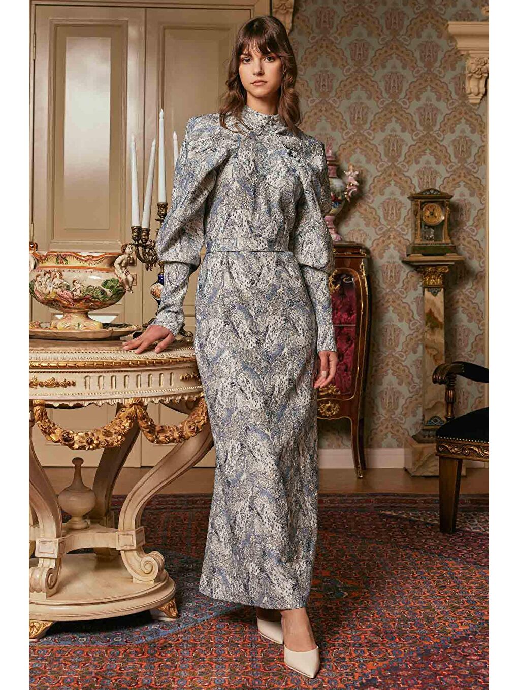 Balon Kol Lacivert Jakar Elbise