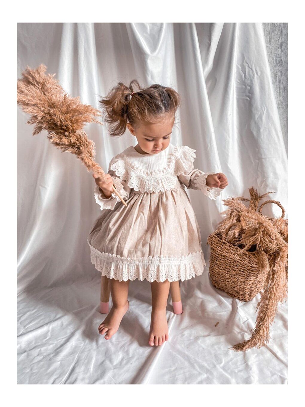 Karışık Kız Çocuk Bej Fistolu Vintage Elbise-2