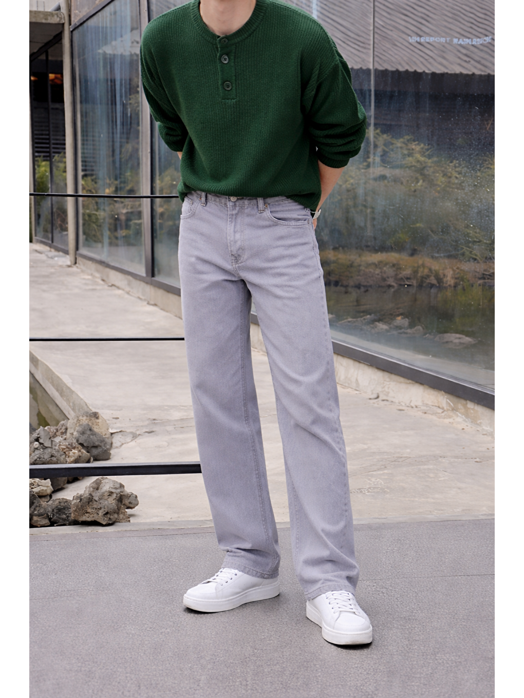 Erkek %100 Pamuk Gri Bol Paça Baggy Pantolon-1