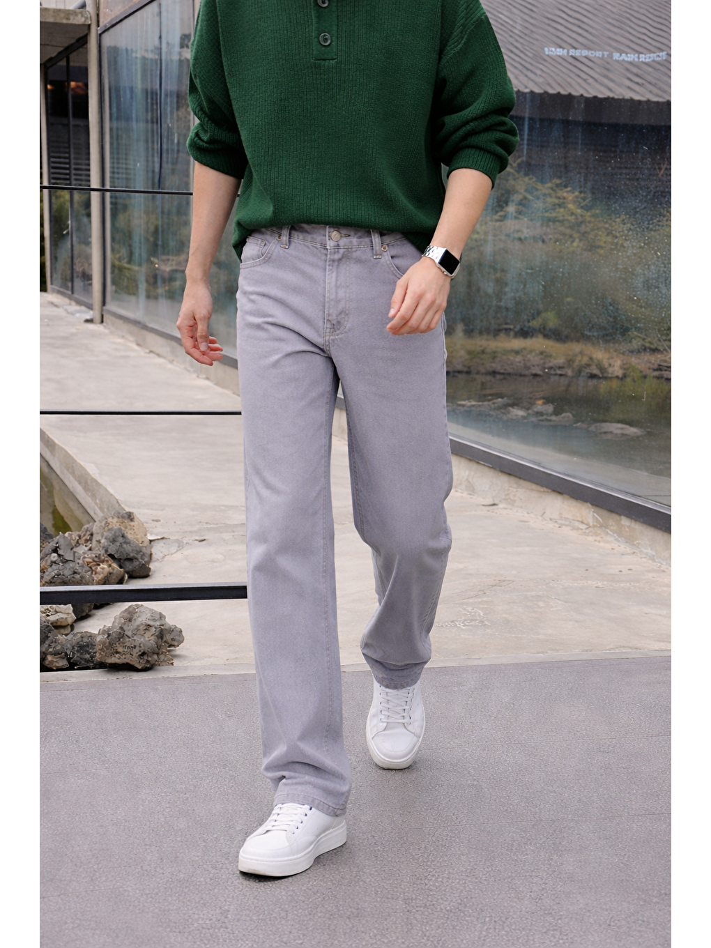 Erkek %100 Pamuk Gri Bol Paça Baggy Pantolon-2