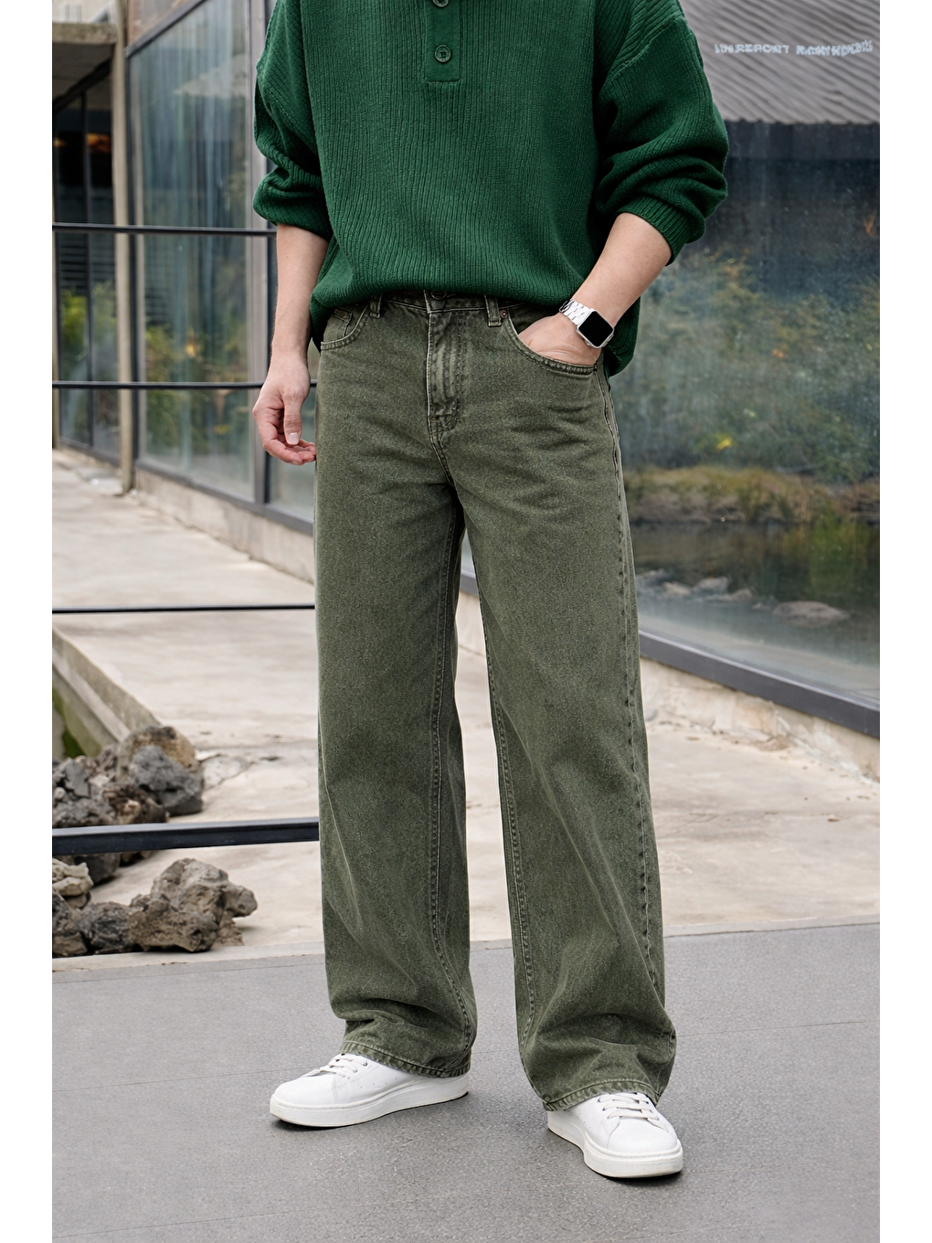 Erkek %100 Pamuk Haki Bol Paça Baggy Pantolon