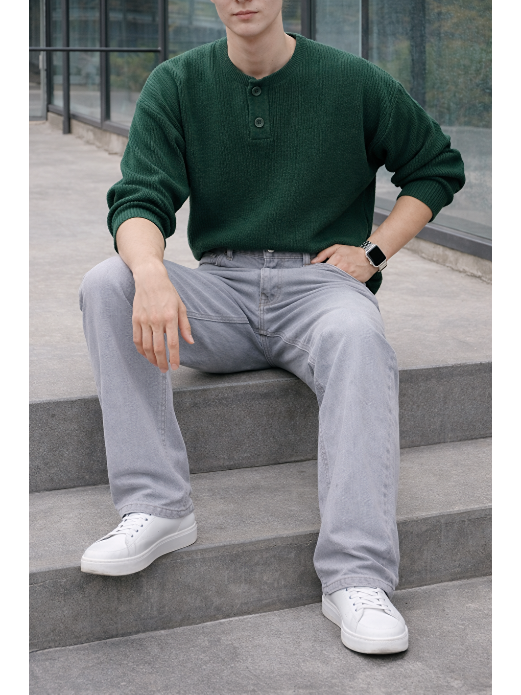 Erkek %100 Pamuk Gri Bol Paça Baggy Pantolon-3