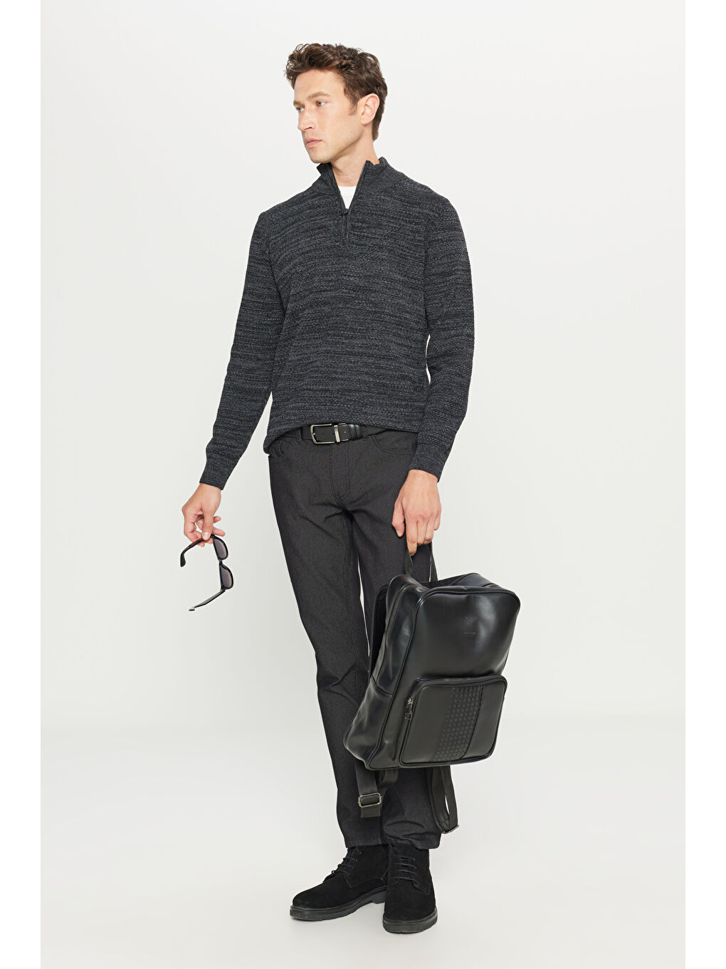 Erkek Antrasit-Melanj Pamuklu Standart Fit Normal Kesim Bato Yaka Jakarlı Triko Kazak-1