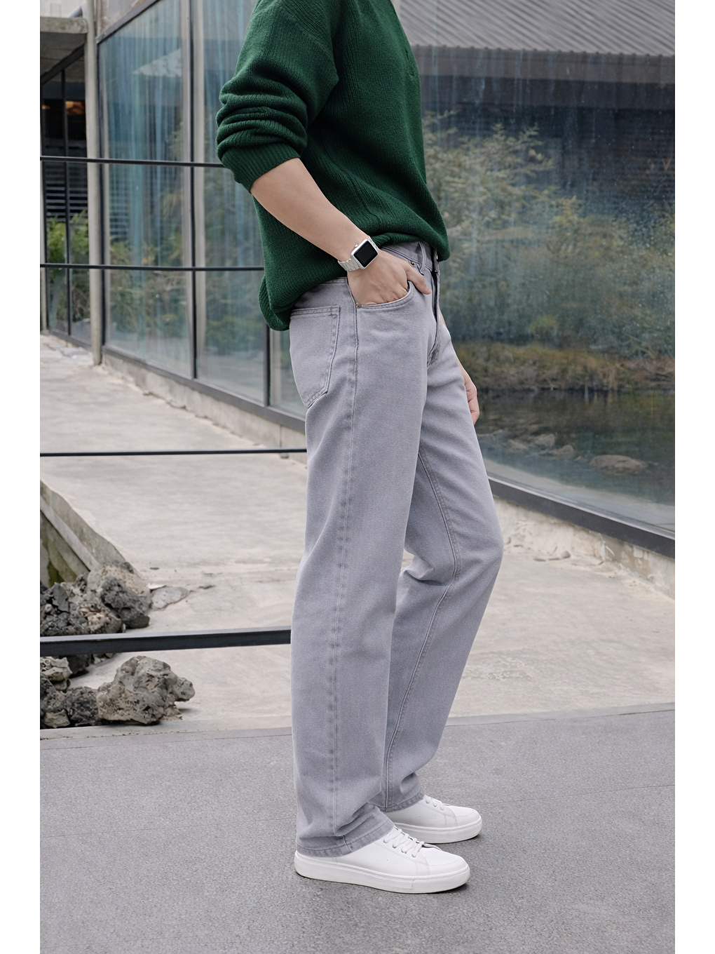 Erkek %100 Pamuk Gri Bol Paça Baggy Pantolon-4