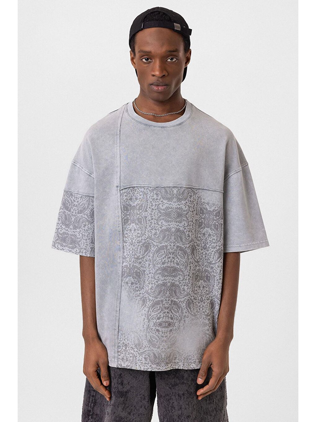 Bisiklet Yaka Yıkamalı Oversize Tişört Gri-2