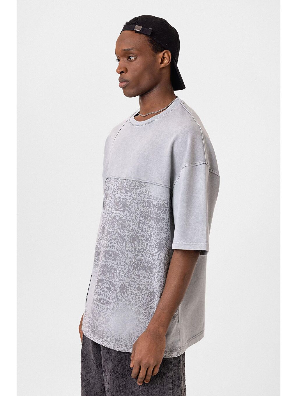 Bisiklet Yaka Yıkamalı Oversize Tişört Gri-3