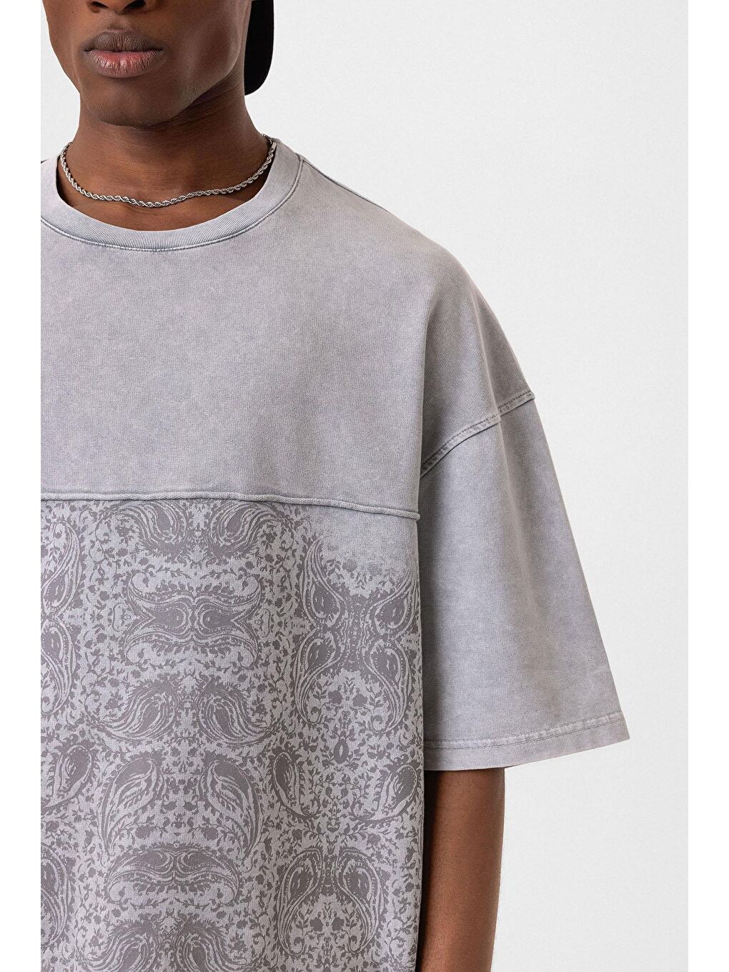 Bisiklet Yaka Yıkamalı Oversize Tişört Gri-5