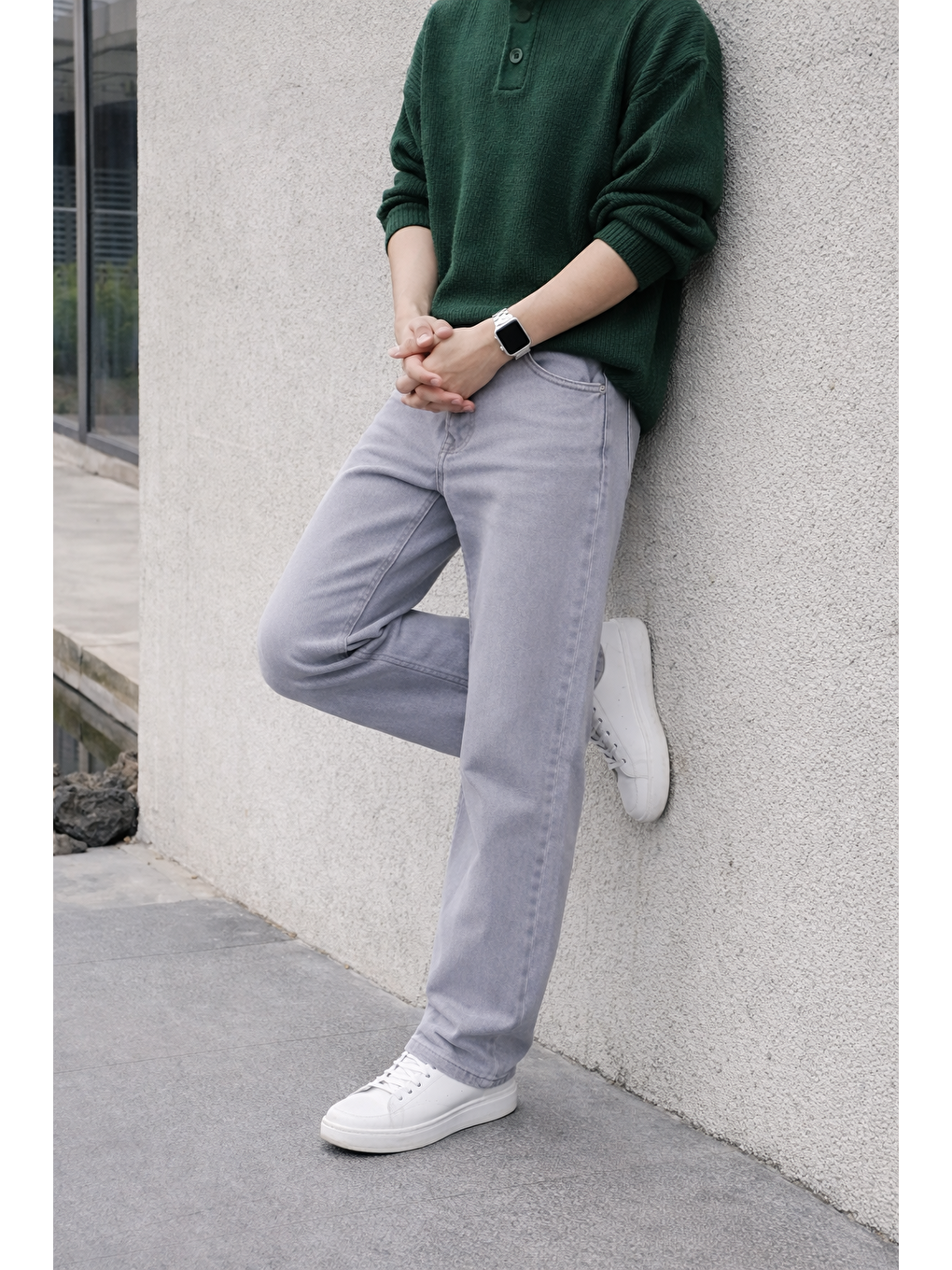 Erkek %100 Pamuk Gri Bol Paça Baggy Pantolon-5