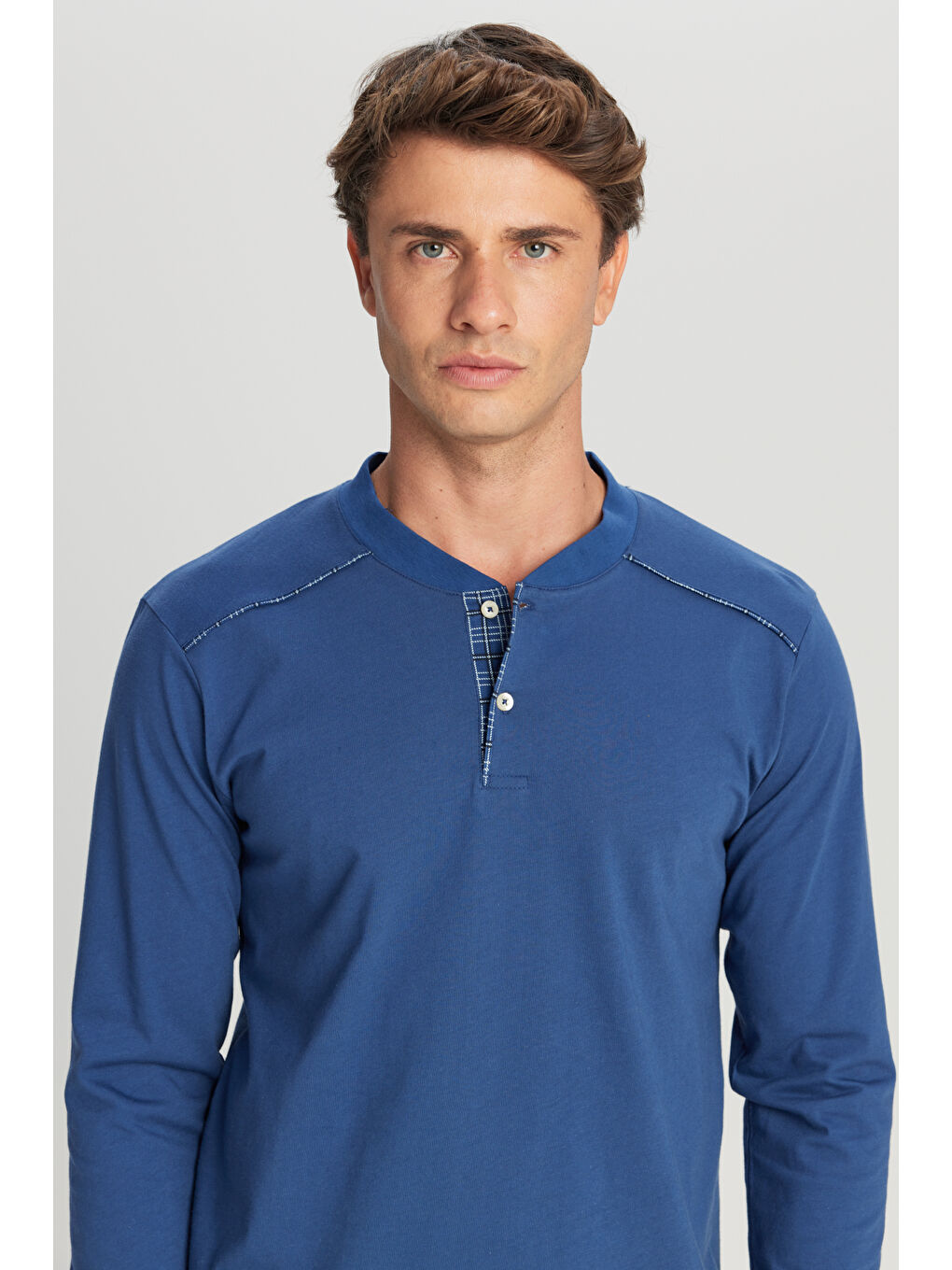 Erkek İndigo %100 Pamuk Standart Fit Hakim Yaka Desenli Cepli Pijama Takımı-2