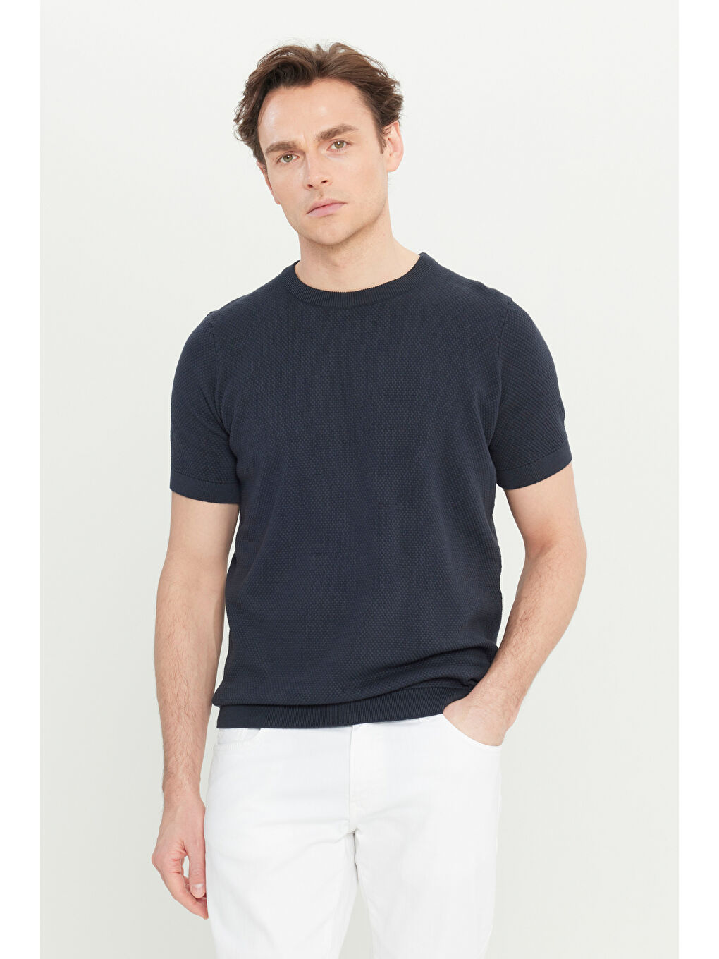 Erkek Lacivert %100 Pamuk Standart Fit Normal Kesim Bisiklet Yaka Triko Tişört