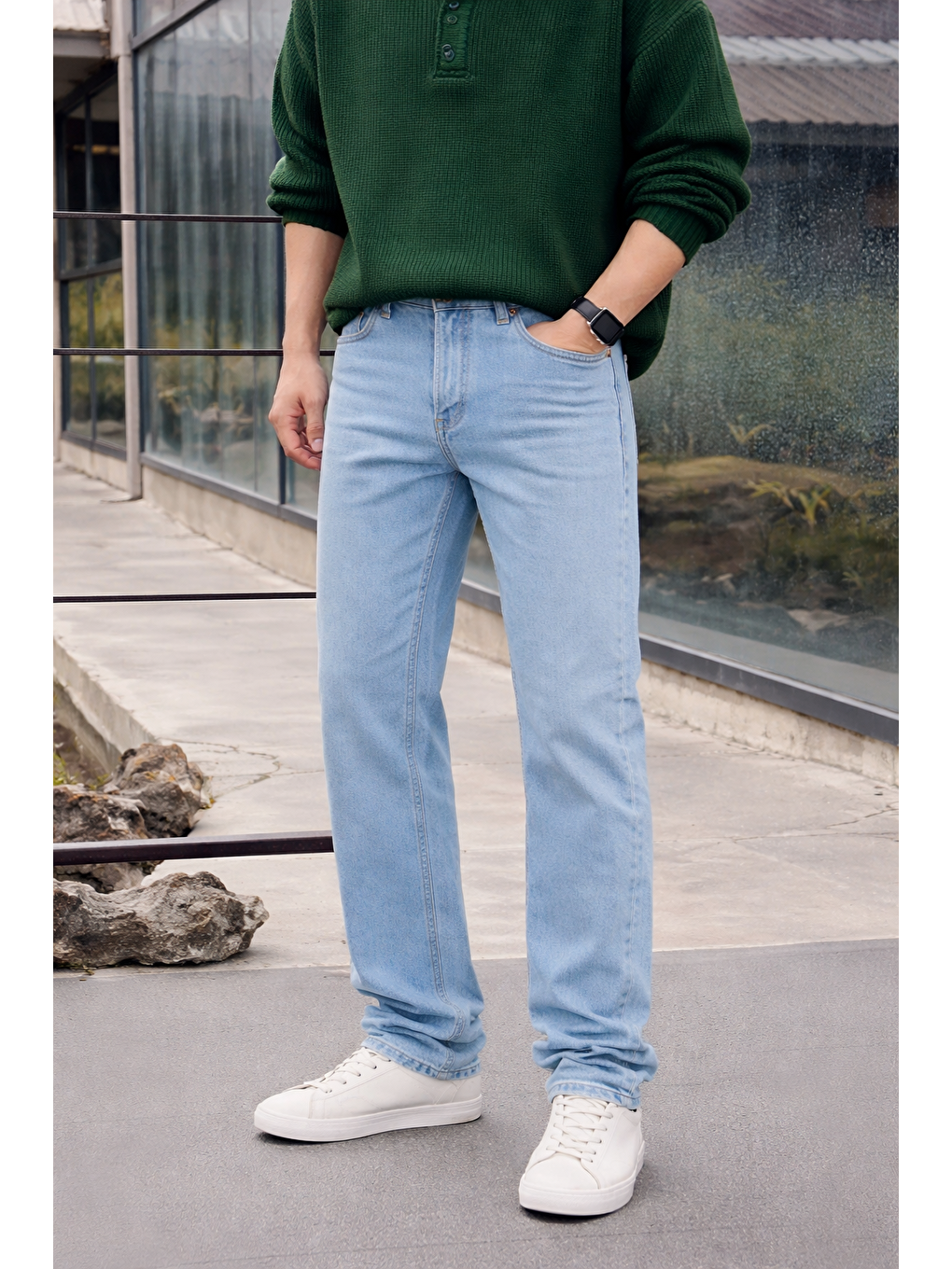 Erkek %100 Pamuk B.Mavi Bol Paça Baggy Pantolon