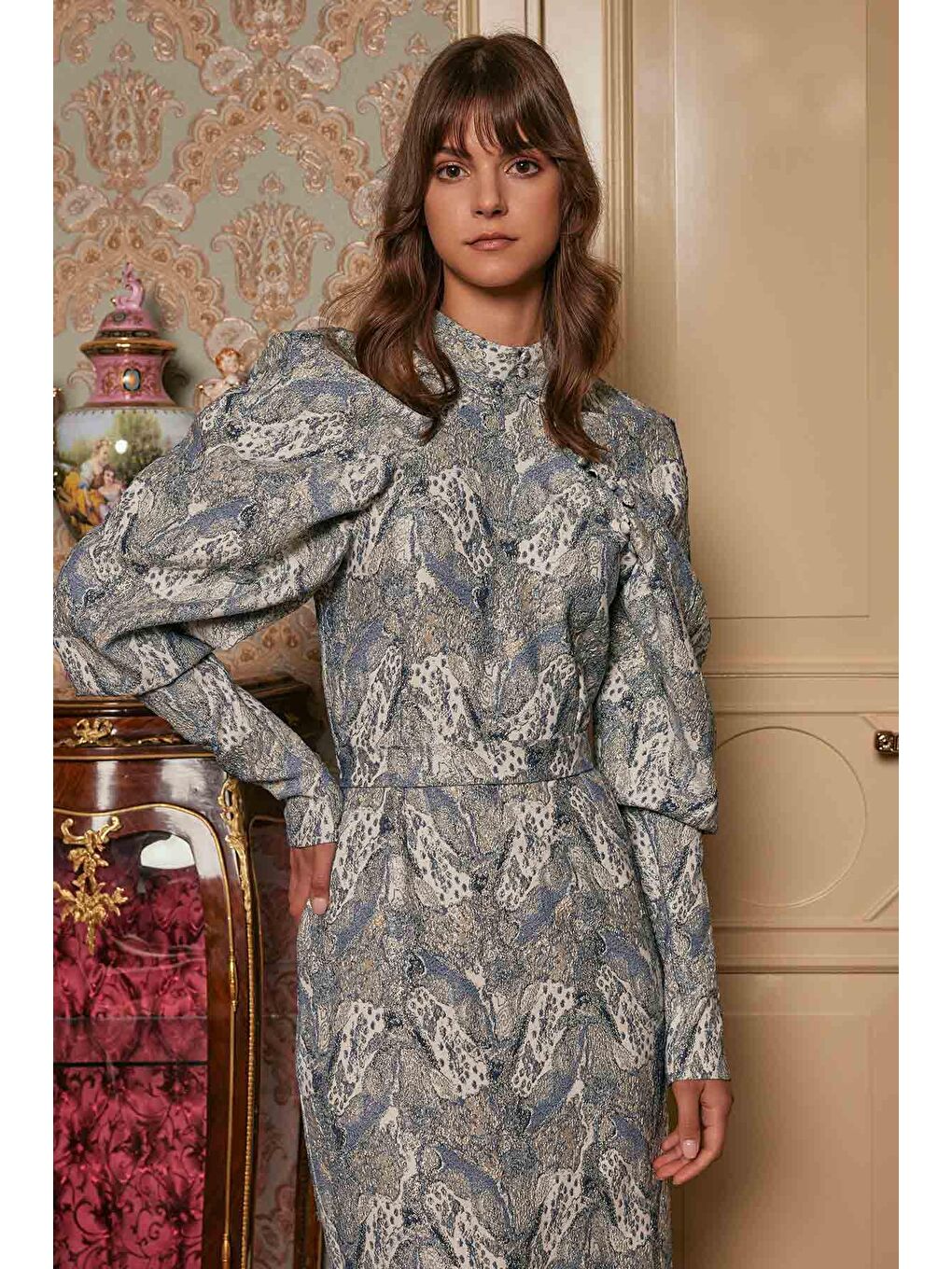 Balon Kol Lacivert Jakar Elbise-3