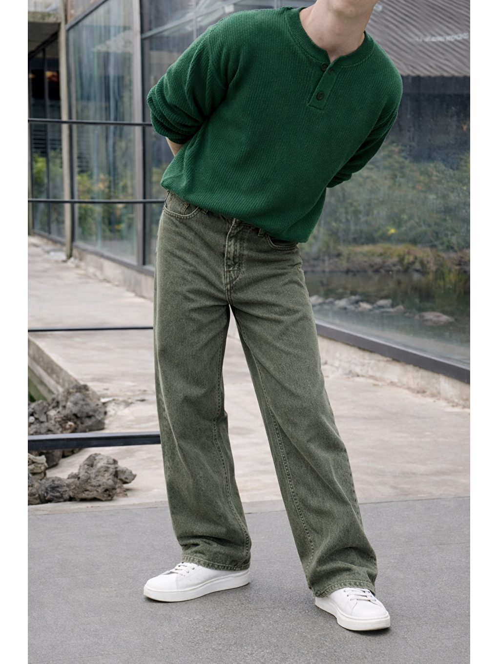 Erkek %100 Pamuk Haki Bol Paça Baggy Pantolon-1