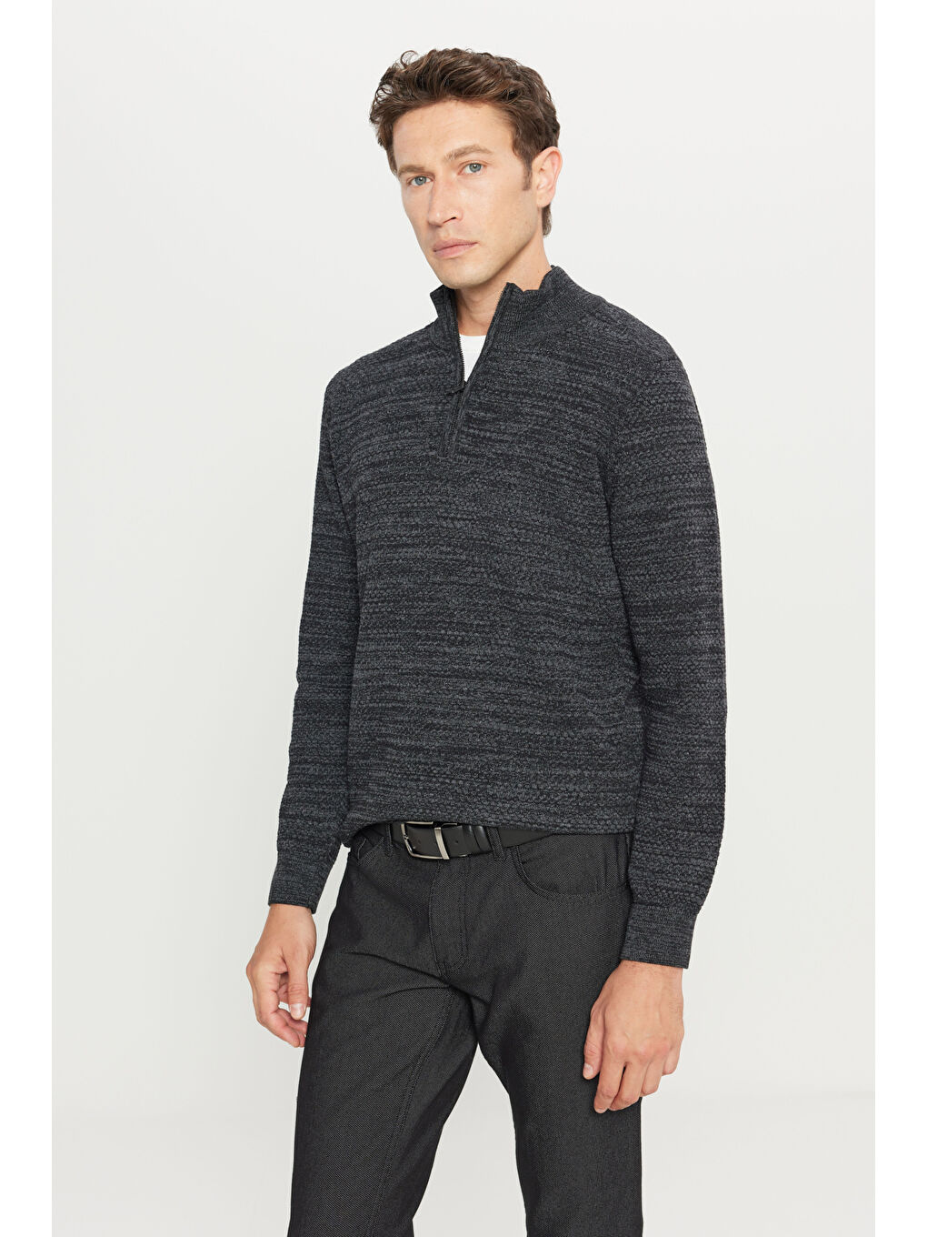 Erkek Antrasit-Melanj Pamuklu Standart Fit Normal Kesim Bato Yaka Jakarlı Triko Kazak-2