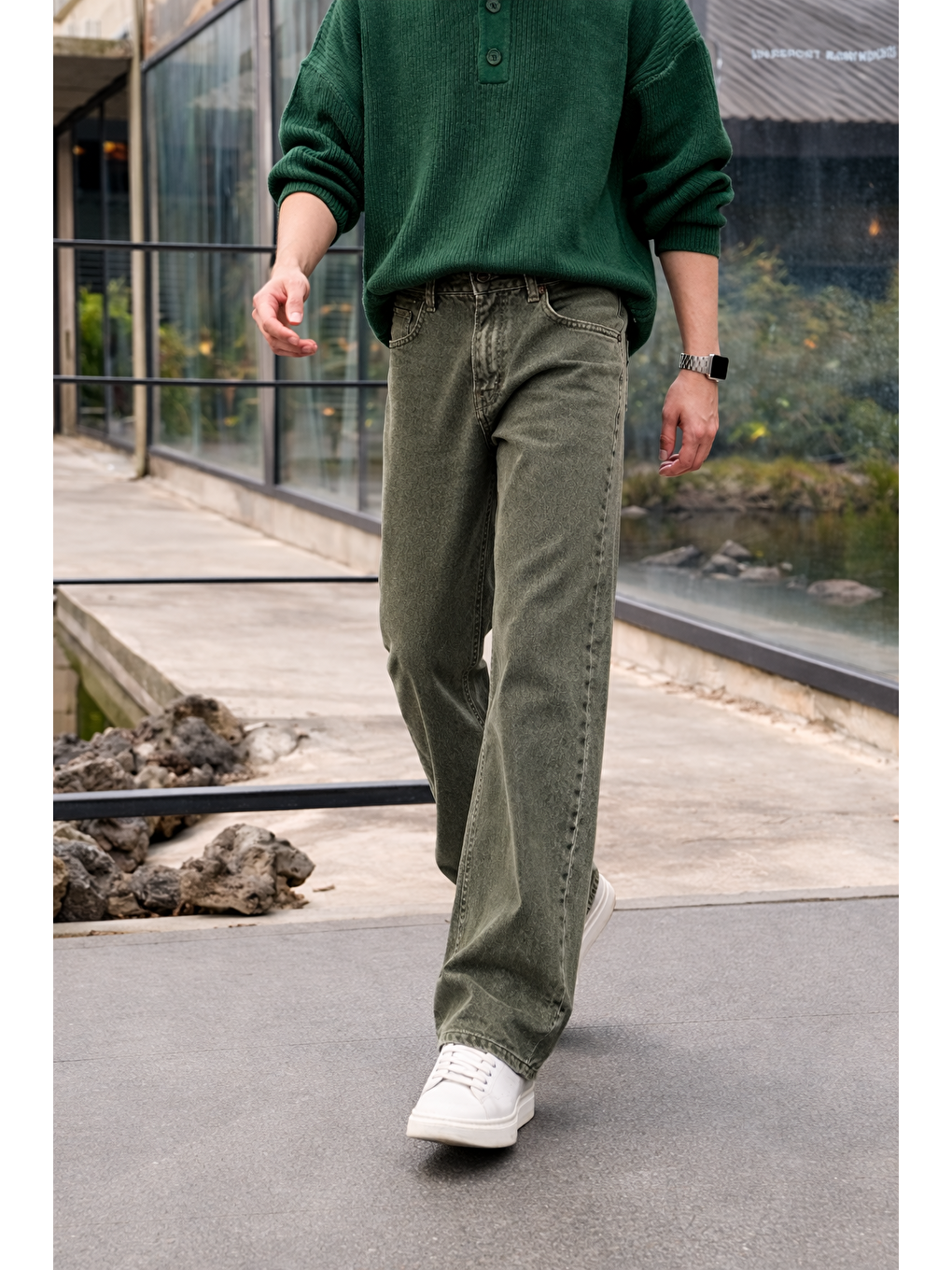 Erkek %100 Pamuk Haki Bol Paça Baggy Pantolon-2