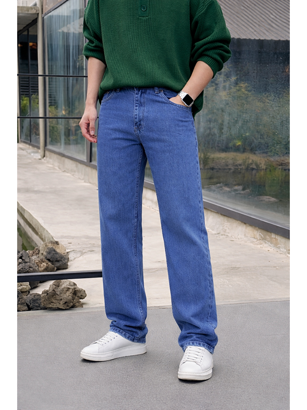 Erkek %100 Pamuk Mavi Bol Paça Baggy Pantolon