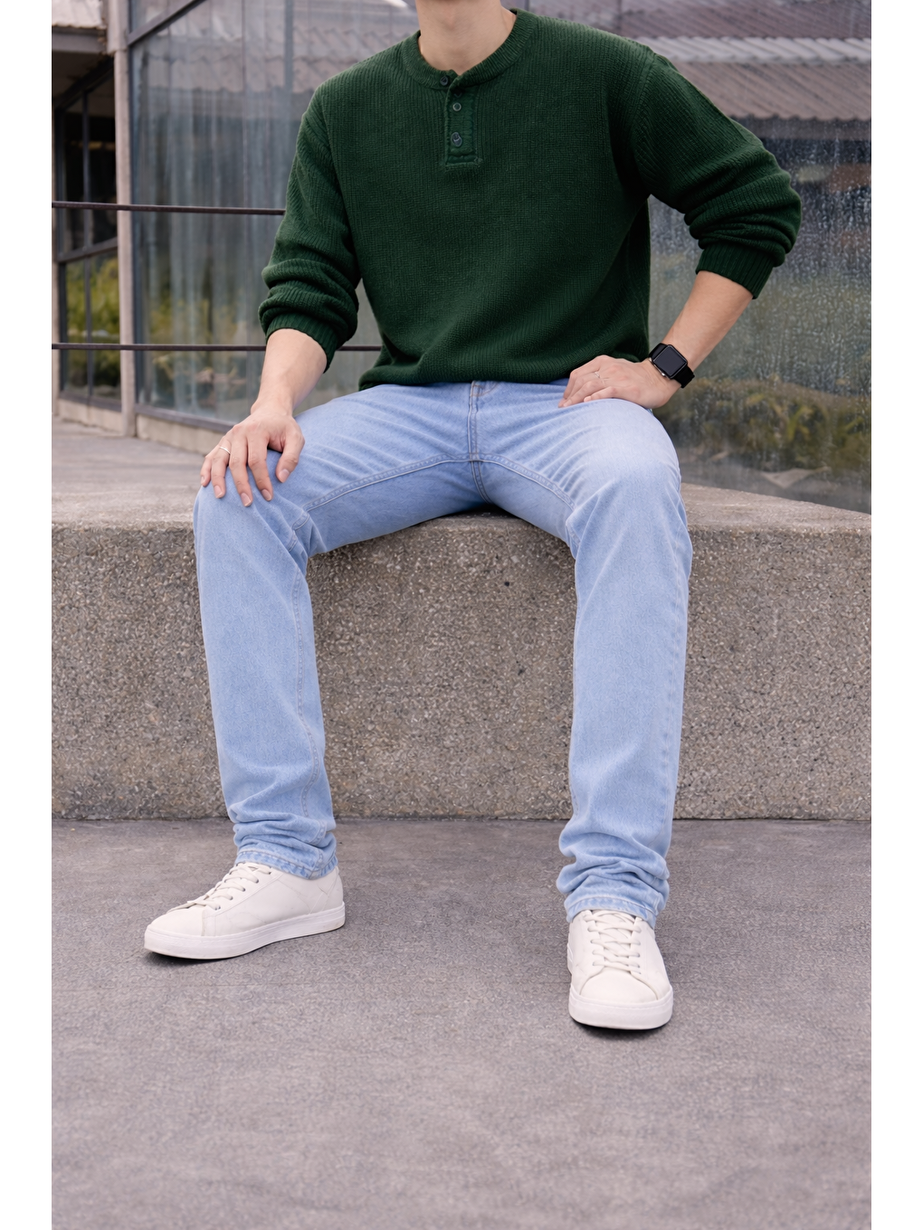 Erkek %100 Pamuk B.Mavi Bol Paça Baggy Pantolon-3